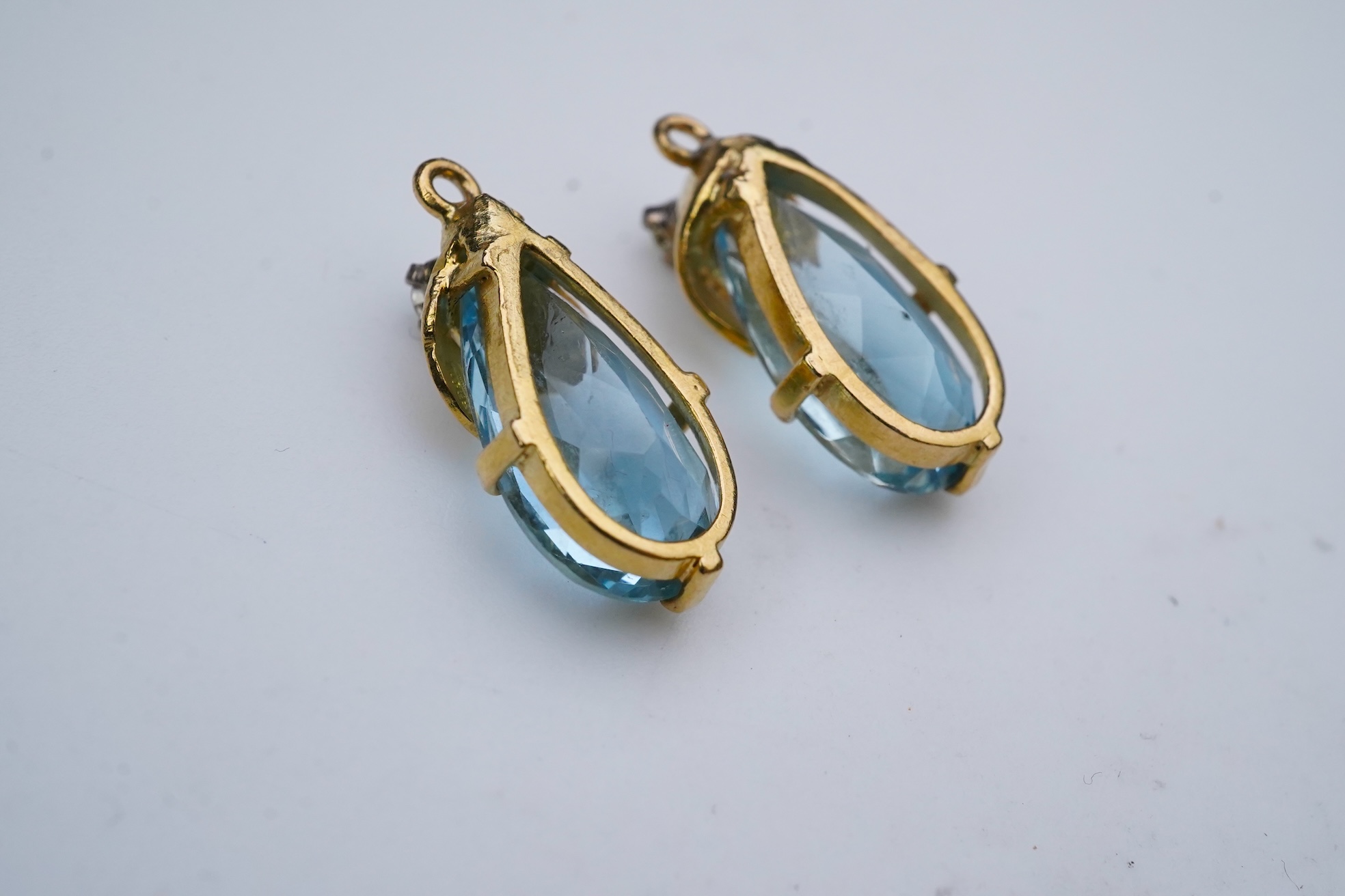 A pair of aquamarine, cultured pearl and diamond ear clips, third quarter 20th century